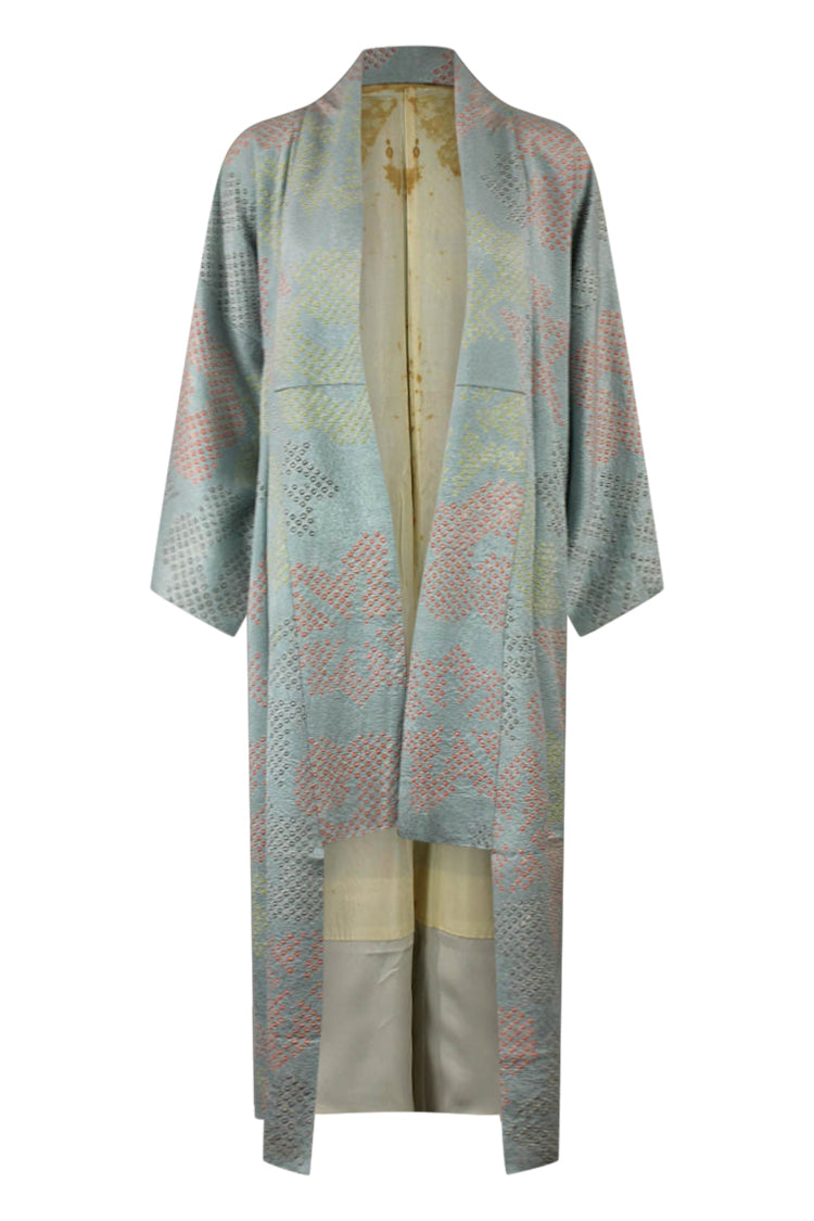 front view on small model of upcycled luxury silk kimono