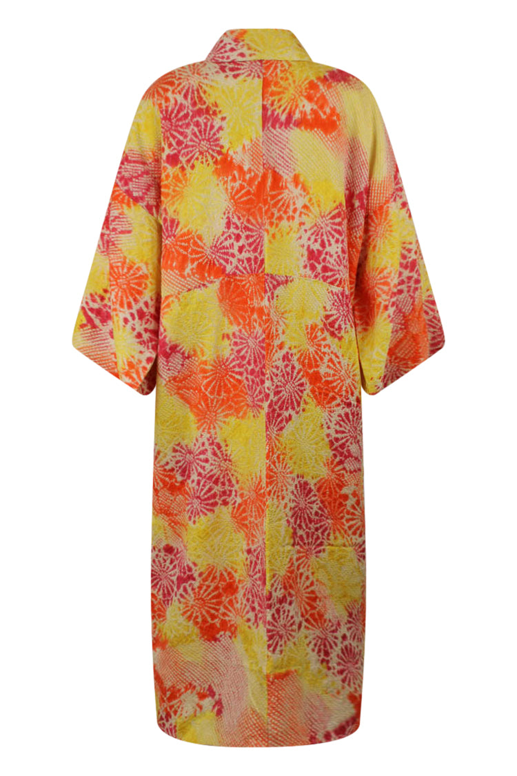 luxury silk kimono robe for women with orange and yellow starburst design