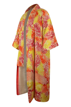 Refashioned luxury silk vintage kimono with orange and yellow design