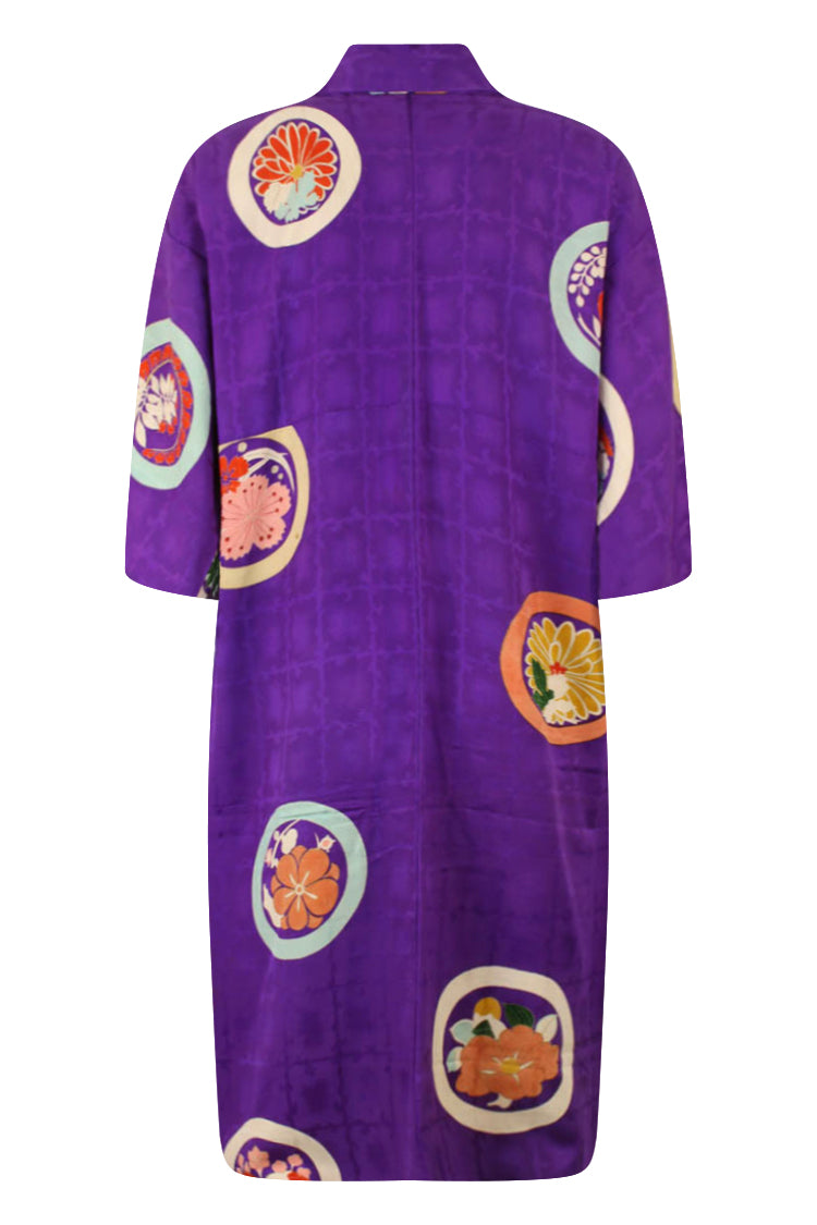 refashioned traditional purple silk kimono with large roundels  reworked to wear today