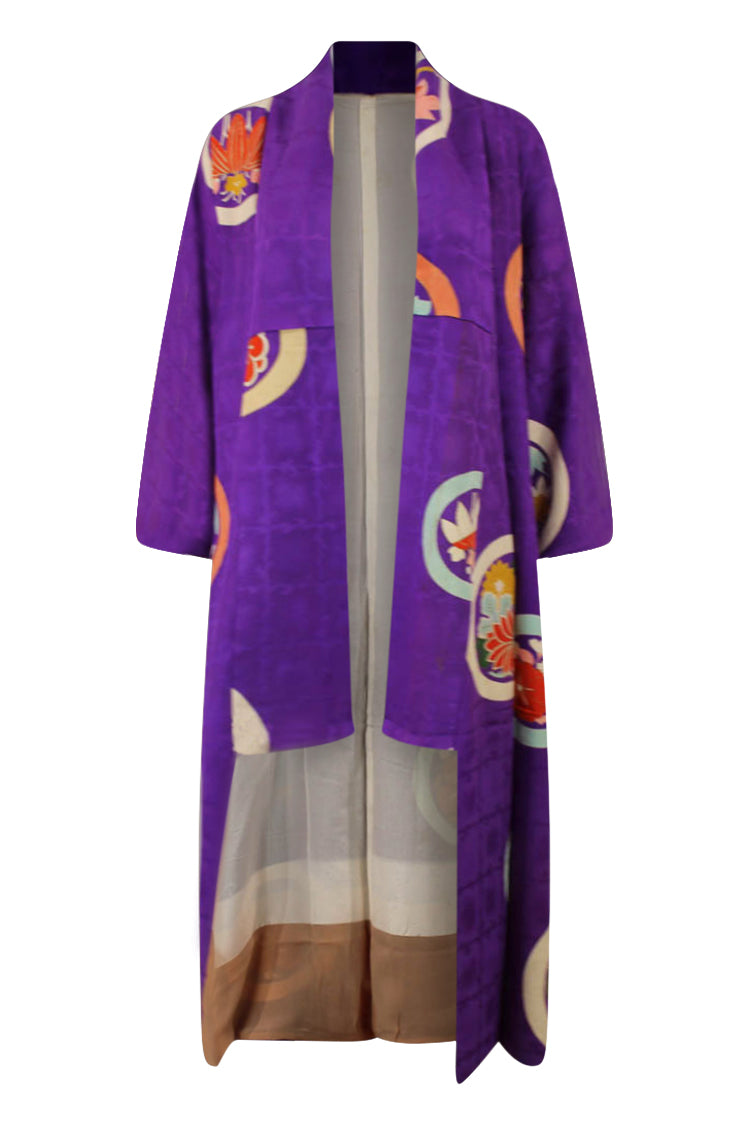 striking purple vintage silk kimono with turquoise and pink roundels