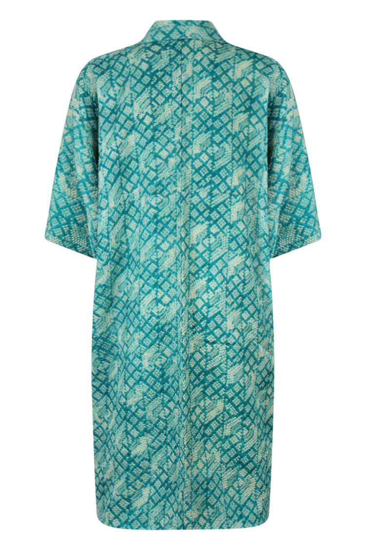 turquoise upcycled silk kimono with reduced sleeves