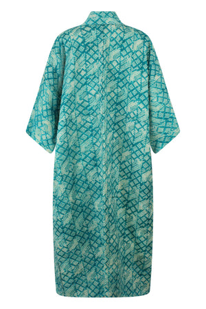 turquoise vintage silk kimono refashioned with reduced sleeves and length