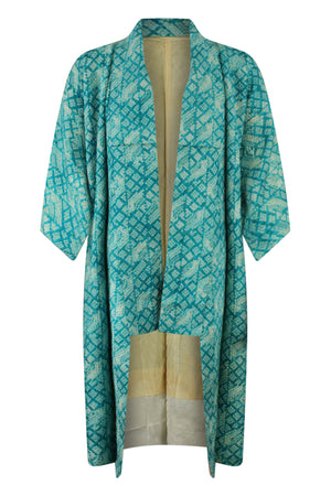 front view of turquoise upcycled silk vintage kimono with shortened sleeves