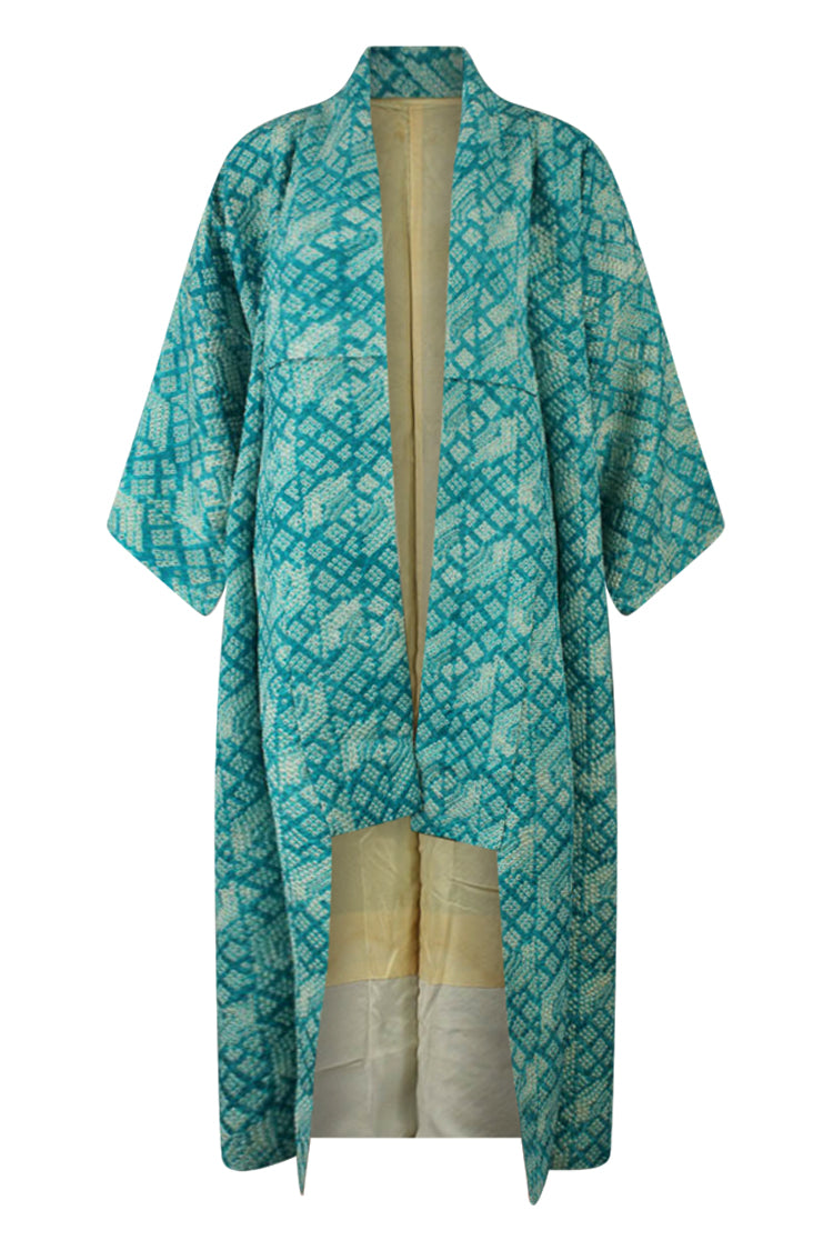 beautiful turquoise refashioned silk kimono with shortened length and reduced sleeves