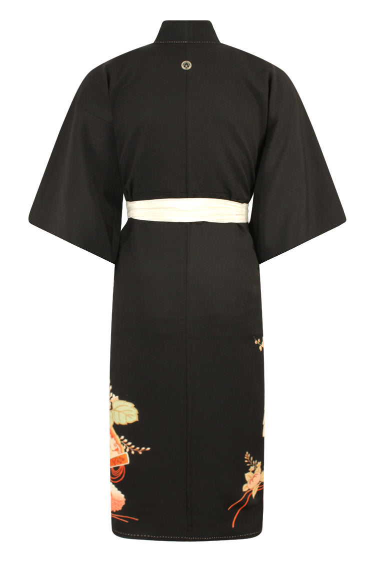 back view of upcycled silk kimono with shortened sleeves