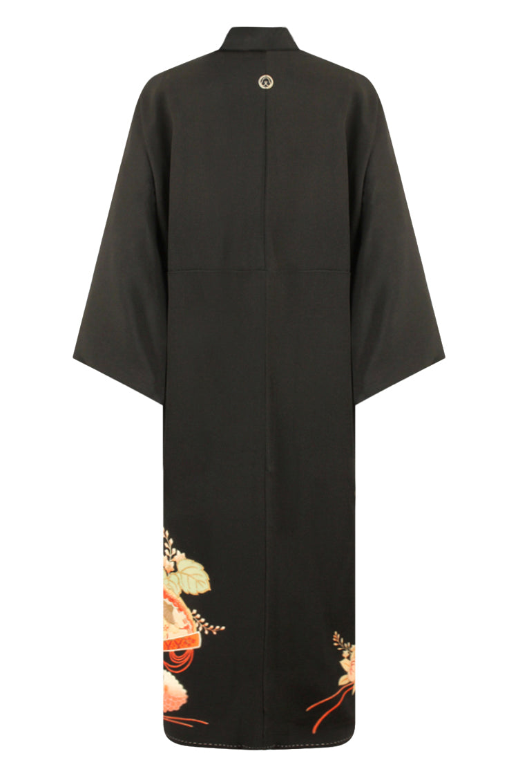 black vintage silk kimono with family crest