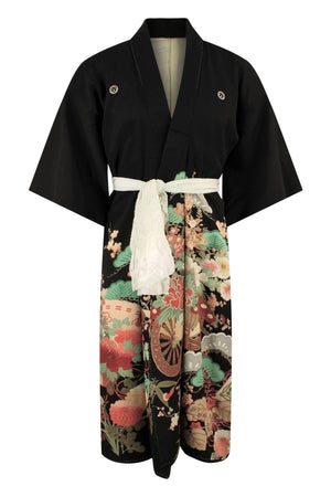 refashioned black silk kimono with hand painted design
