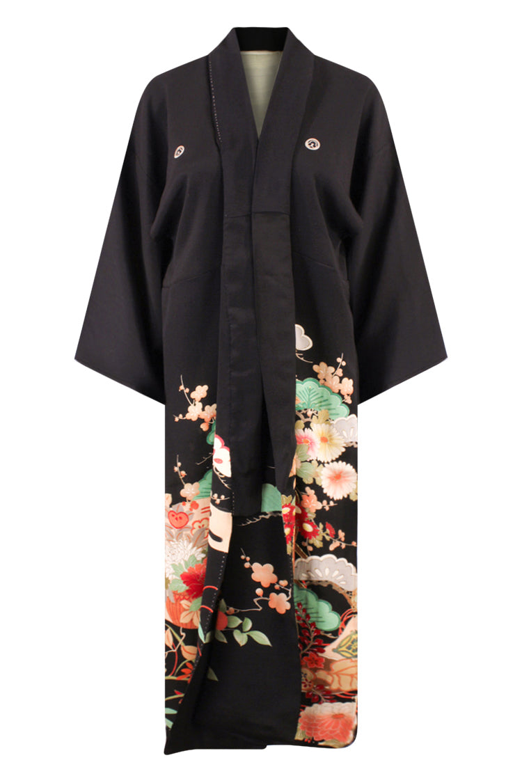upcycled black silk tomesode kimono with colorful border