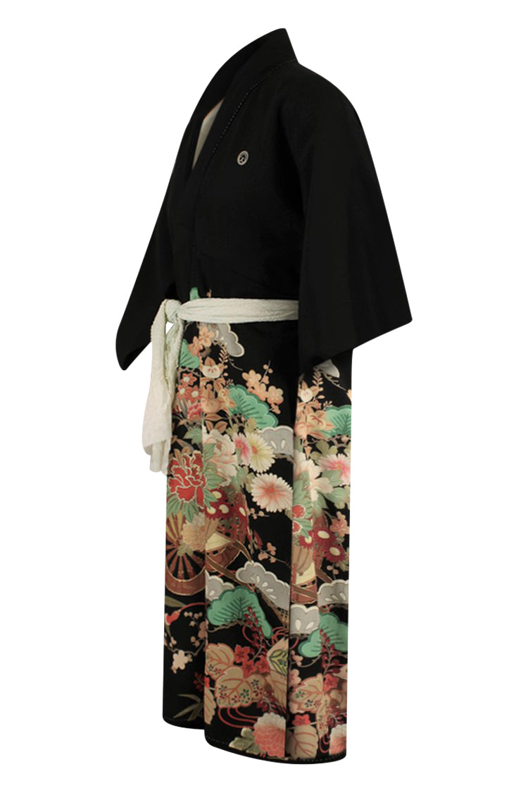 side view of black silk kimono with colorful hand painted design