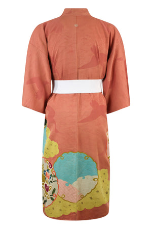 Salmon silk kimono with hand painted border with blue, gold and peach