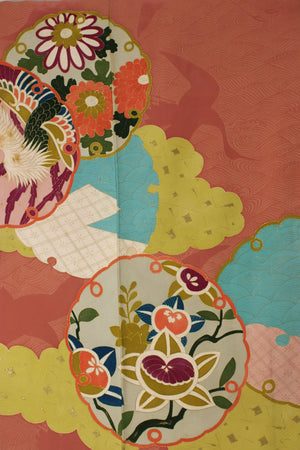detail of kimono silk with woven birds and hand painted roundels 