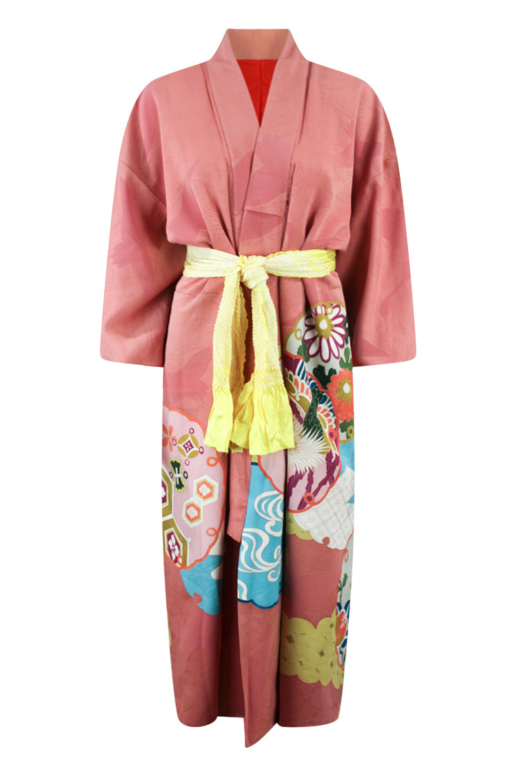 refashioned salmon colored silk kimono with hand painted designs