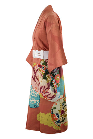 side view of traditional salmon kimono refashioned for modern wear