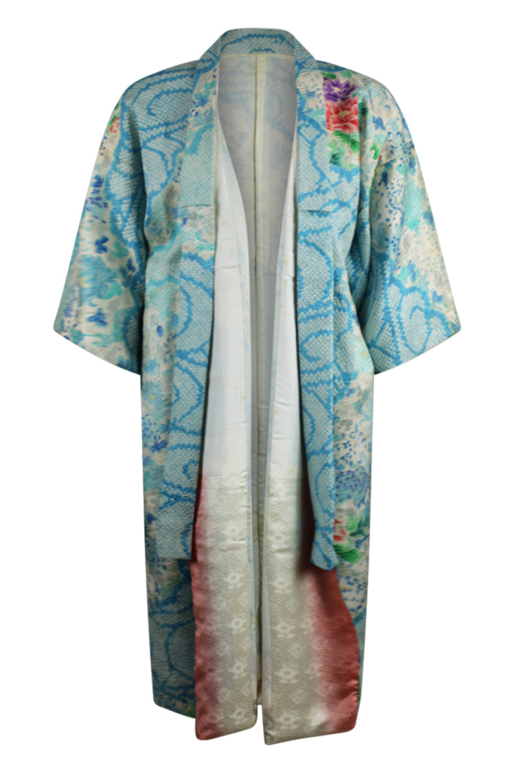 front of vintage blue silk kimono with floral design