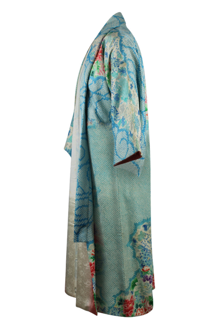 side view of blue floral kimono with refashioned sleeves