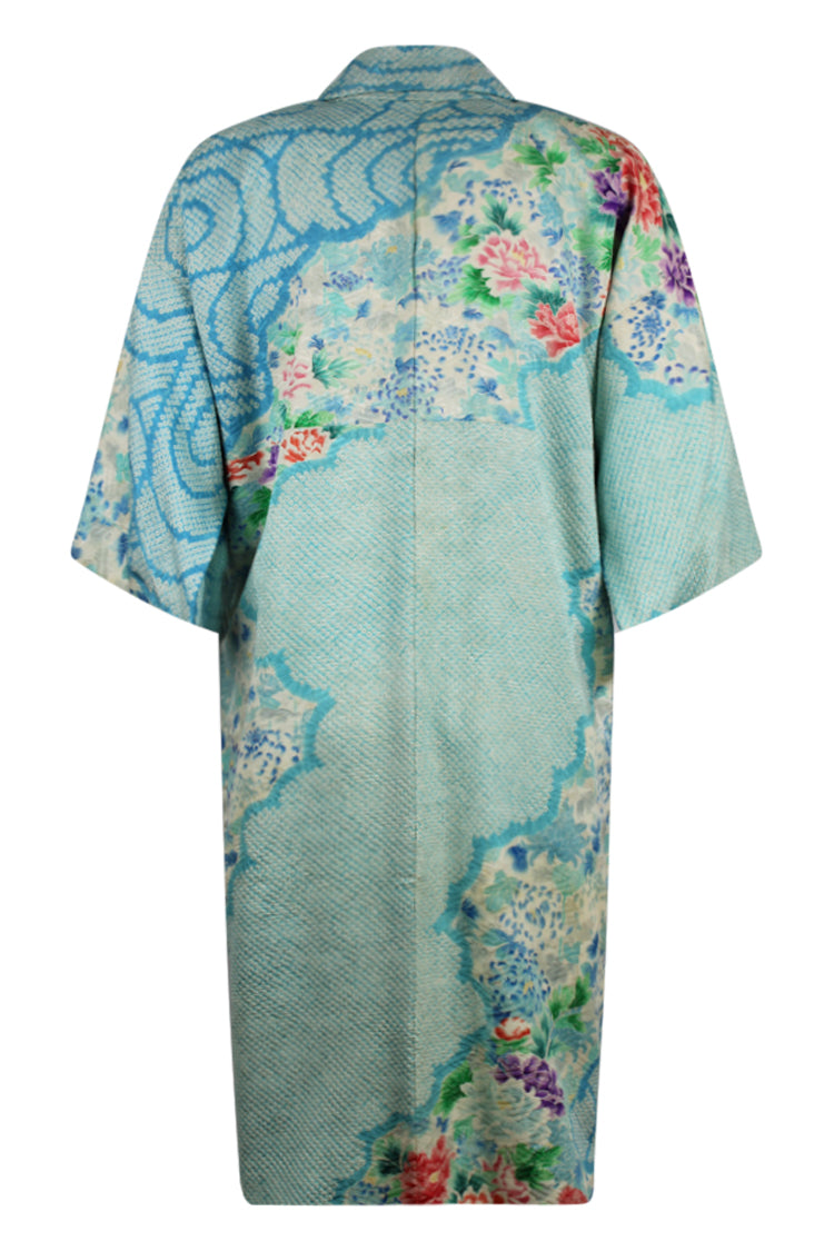 back view on large model of blue floral vintage silk kimono