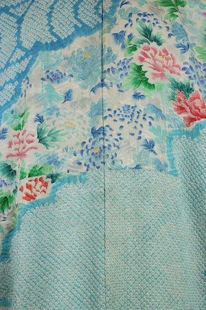 detail of blue floral silk from vintage kimono