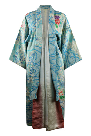 front view on small model of blue floral vintage silk kimono refashioned for today's wear