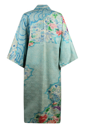 Back view of beautiful vintage kimono with blue floral design modified for western wear