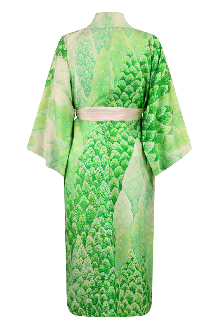 refashioned green silk kimono with shortened sleeves