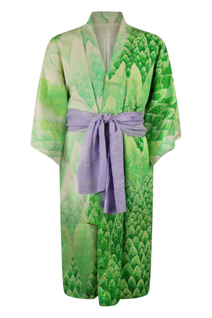 luxurious vintage silk kimono with green fir trees