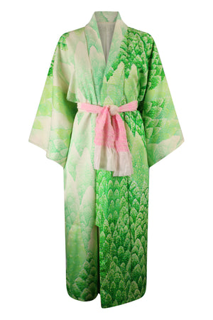 upcycled silk kimono with green trees and pink sash