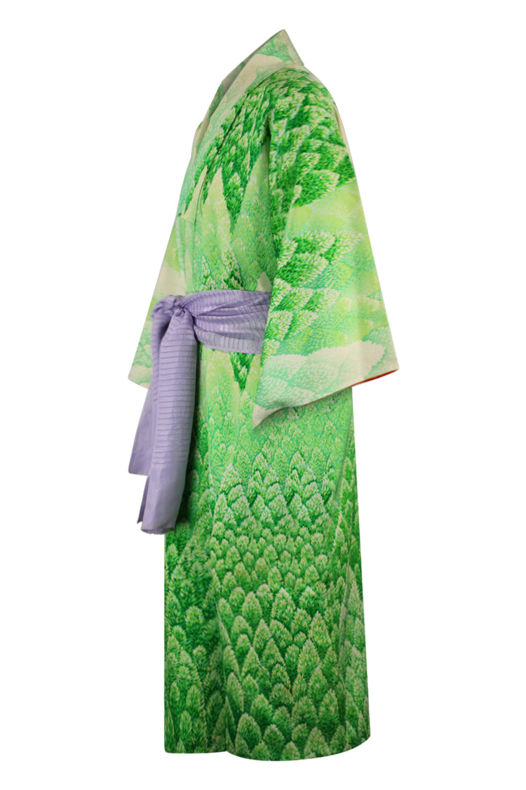 side view of refashioned green kimono with shortened sleeves