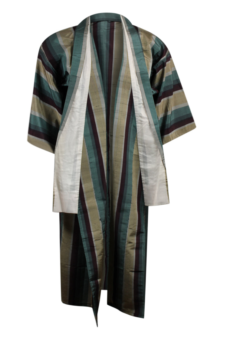 front view of taffeta silk vintage upcycled kimono in browns and turquoise