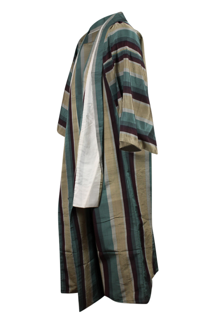side view of turqoise and brown refashioned silk kimono