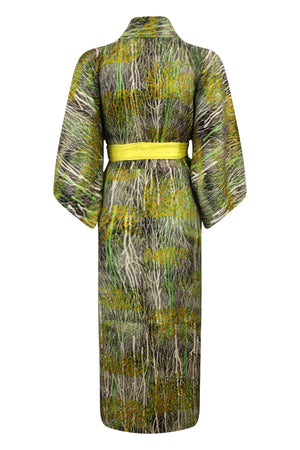 refashioned silk vintage kimono with reduced sleeves and forest scene
