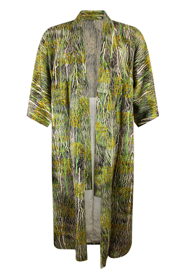 upcycled vintage silk kimono with forest scene of white birch trees