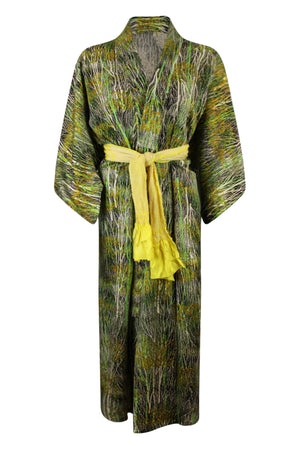 upcycled silk kimono with reduced sleeves and yellow sash