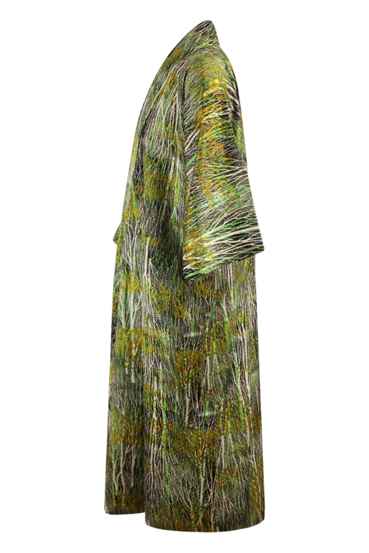 side view of refashioned silk kimono with reduced sleeves and forest scene