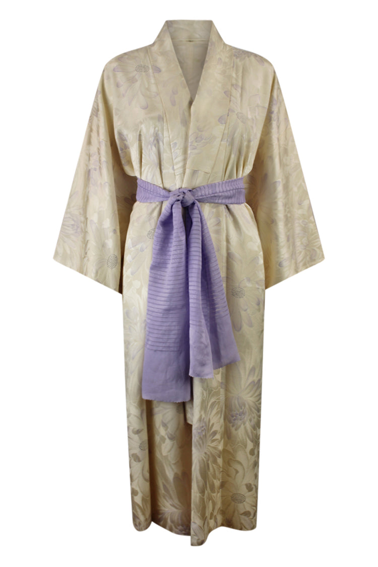 beautiful soft white silk kimono with purple sash and refashioned mondern sleeves