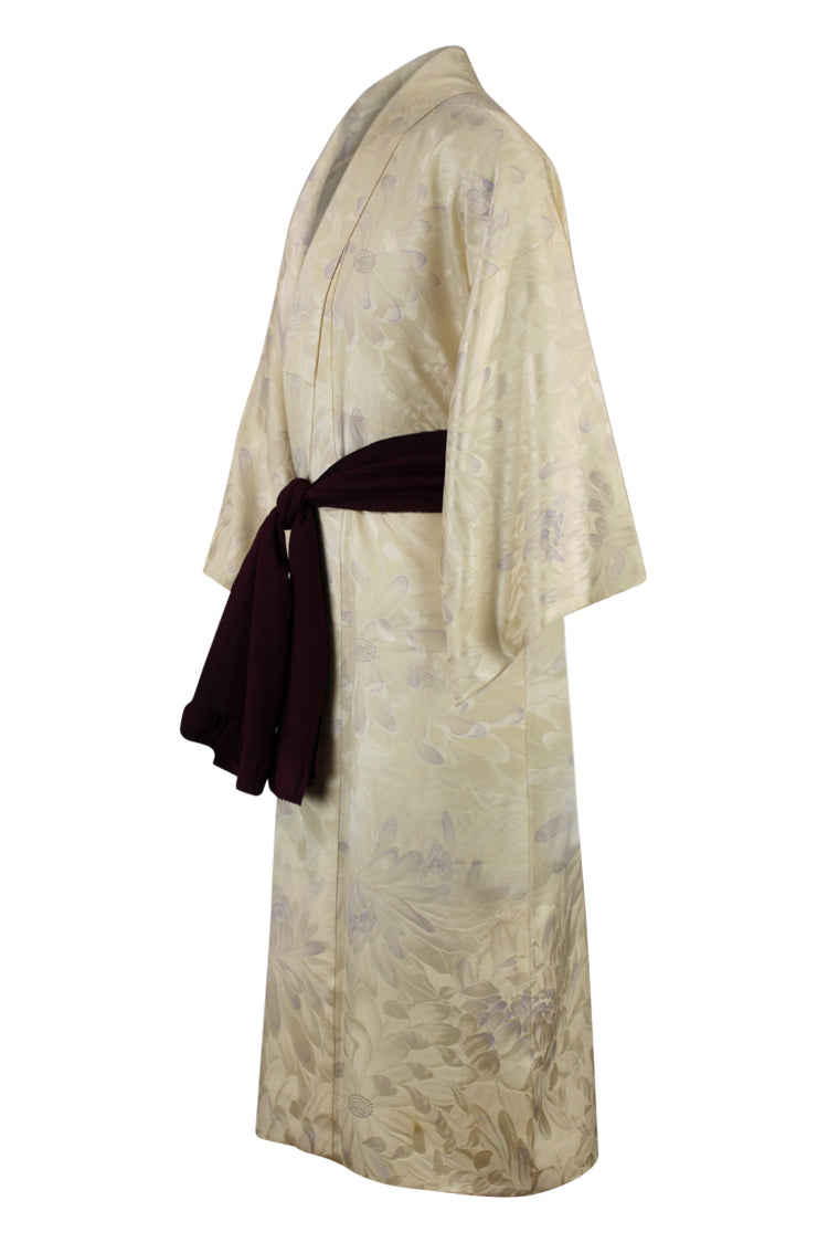 side view of upcycled sustainable fashion silk kimono with black sash