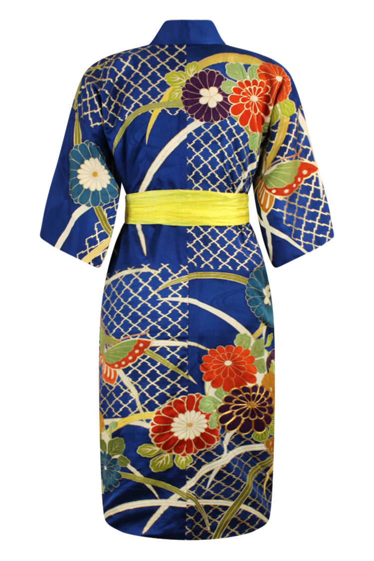 vintage royal blue silk kimono with refashioned sleeves and length