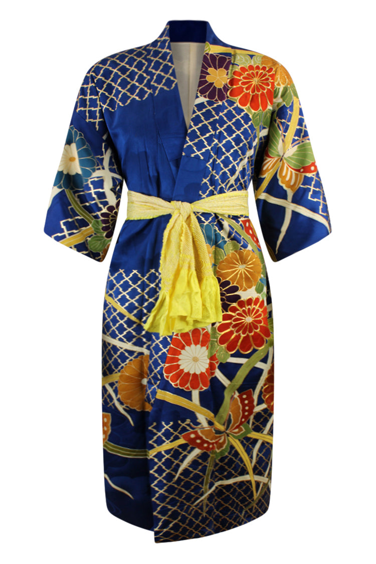 gorgeous royal blue fancy silk kimono decorated in gold