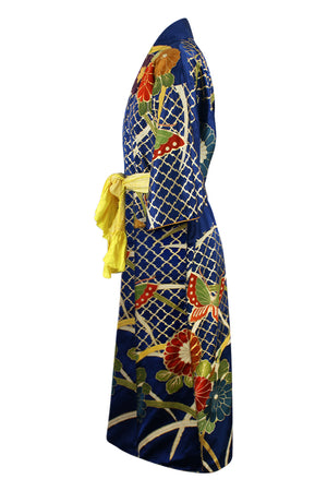 side view of magnificent vintage silk kimono with refashioned sleeves