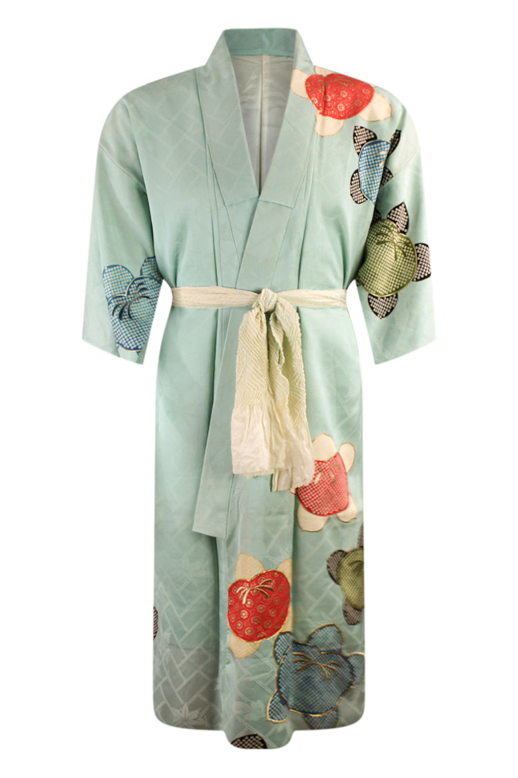 turquoise silk vintage kimono with abstract design
