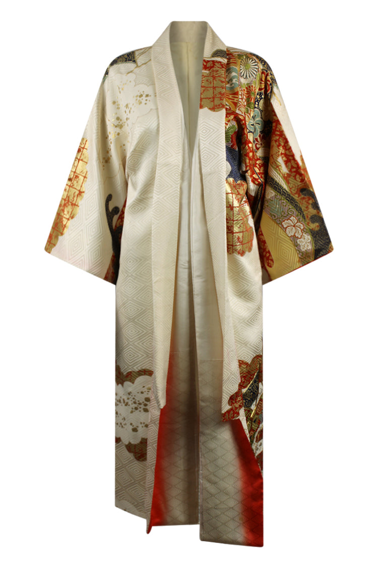 cream furisode red gold grid clouds navy waves - Kiku 
