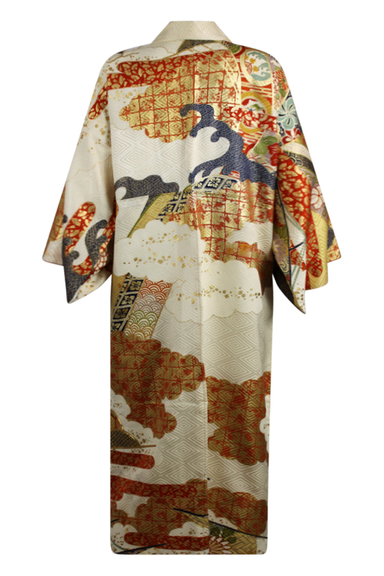 cream furisode red gold grid clouds navy waves - Kiku 