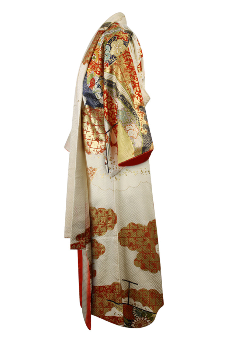 cream furisode red gold grid clouds navy waves - Kiku 
