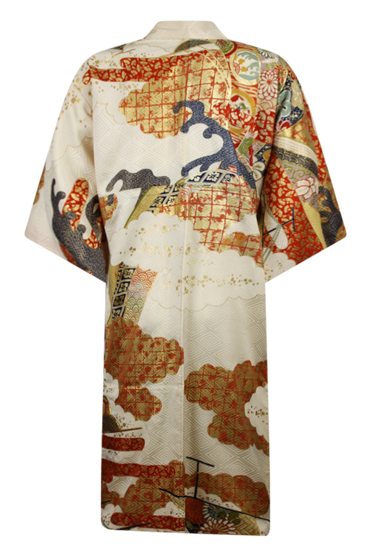 cream furisode red gold grid clouds navy waves - Kiku 