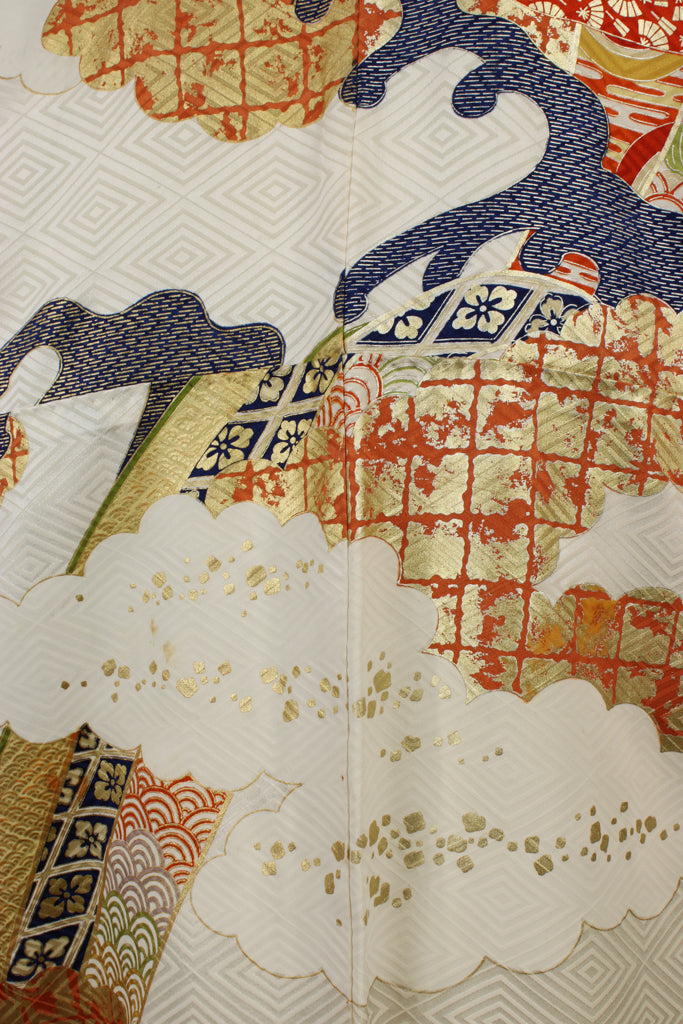 cream furisode red gold grid clouds navy waves - Kiku 