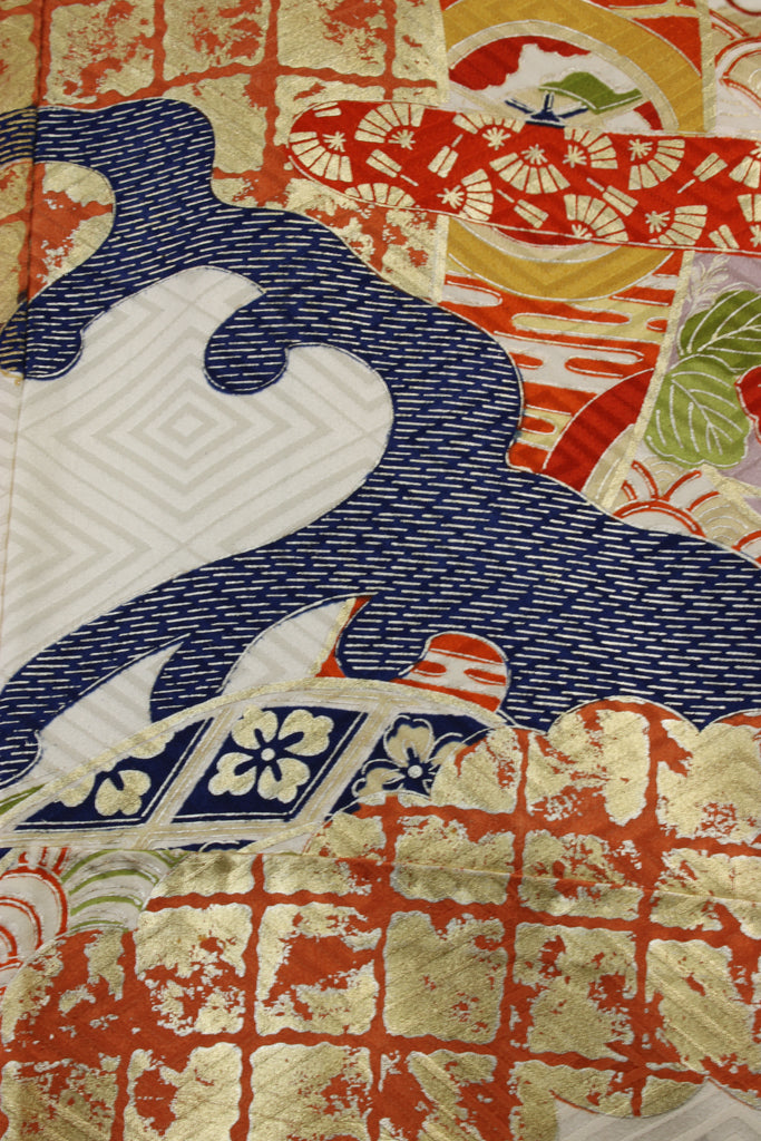 cream furisode red gold grid clouds navy waves - Kiku 