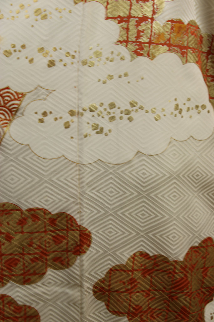 cream furisode red gold grid clouds navy waves - Kiku 