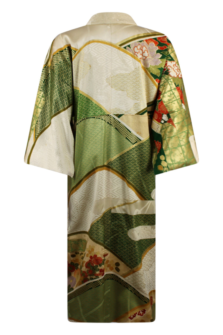 vintage kimono with gold stenciling on green abstract design