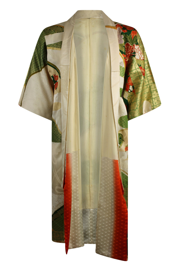 front view of green and gold vintage kimono upcycled for modern wear