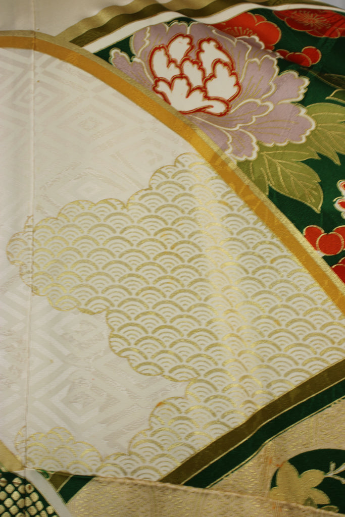 hand painted flowers and gold stenciling on vintage kimono silk